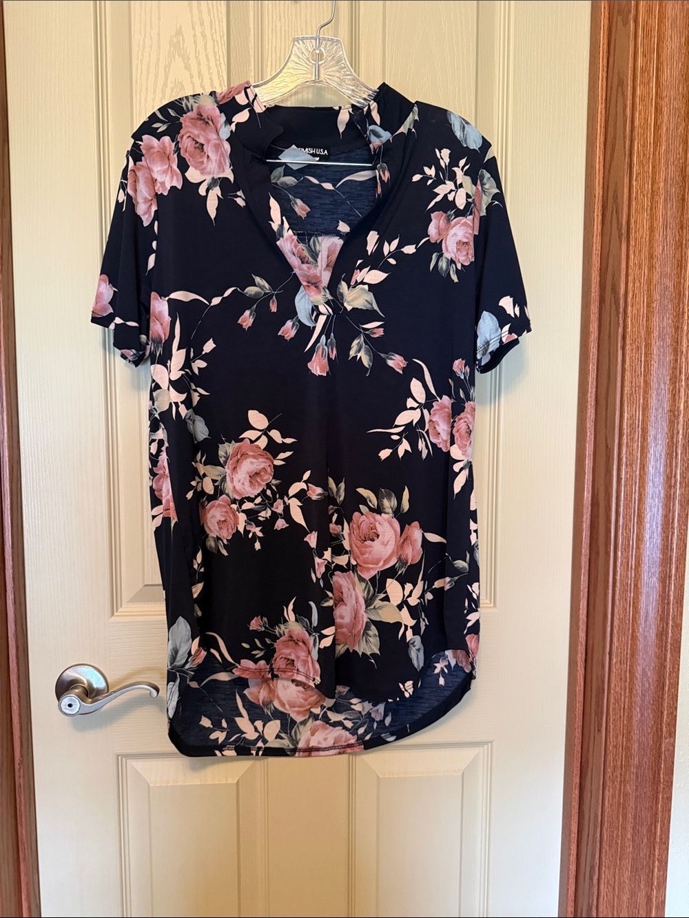 Floral Split-Neck Women’s Top - Black with Pink Roses